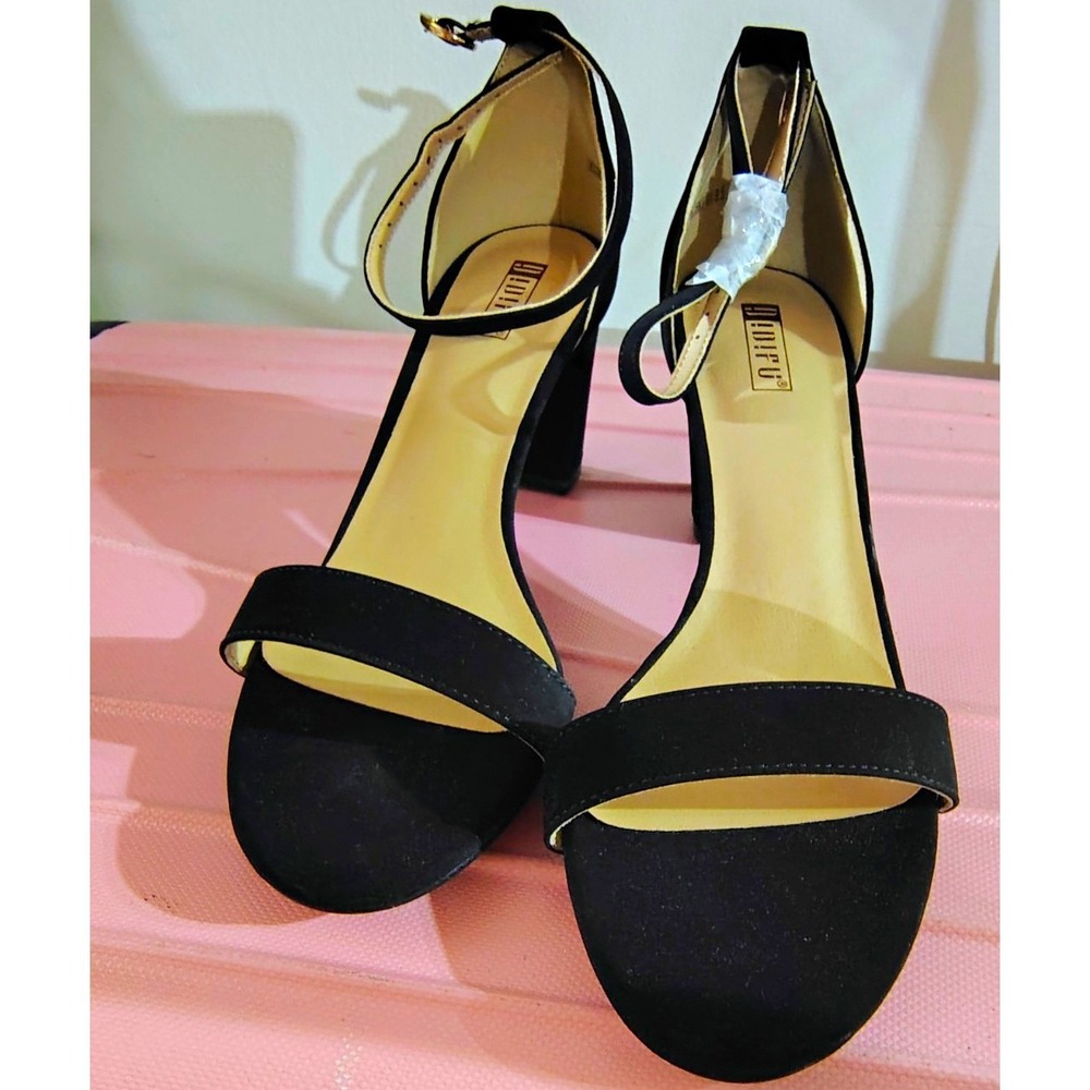 Bambu Women's Black Faux Suede Strappy Ankle Strap Open Toe Buckle US 9.5